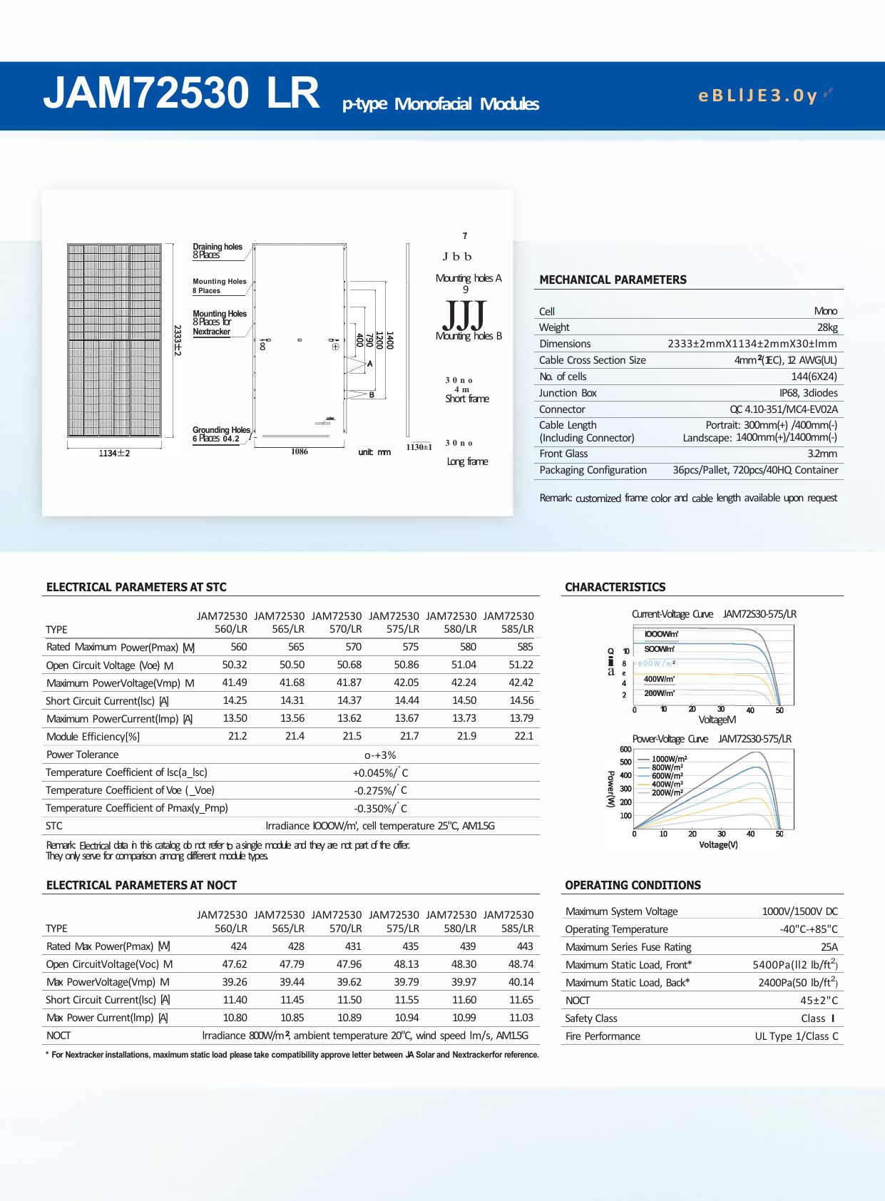JAM72S30 LR 560-585W Technical Specifications